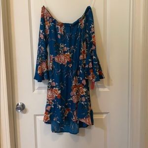 Blue Floral Off the Shoulder Flare Sleeve Dress